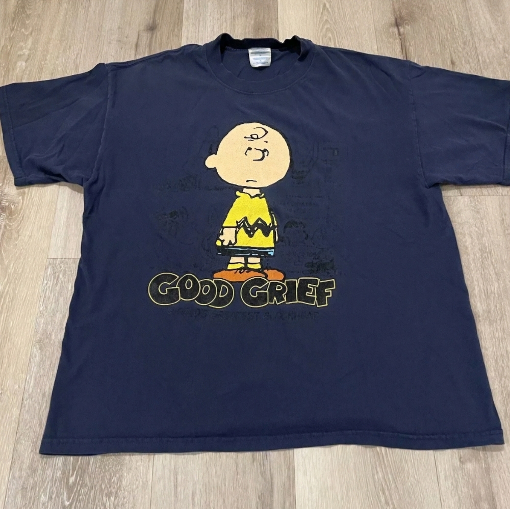 Vintage M&O Knits Pre-shrunk cotton Charlie Brown T Shirt Blue Sz Large